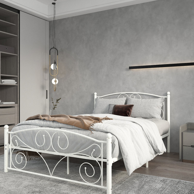 Lit double en métal blanc - tête de lit silencieuse, robuste, facile à assembler, sans sommier tapissier, convient aux matelas de 8 pouces et plus, structure à capacité de poids maximale de 600 lb, robuste, silencieuse et simple