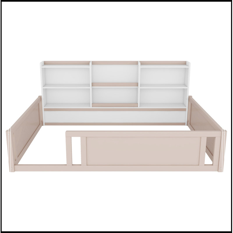 Plateforme en bois pleine grandeur Camillo avec garde-corps et étagères de rangement latérales, Cream+White