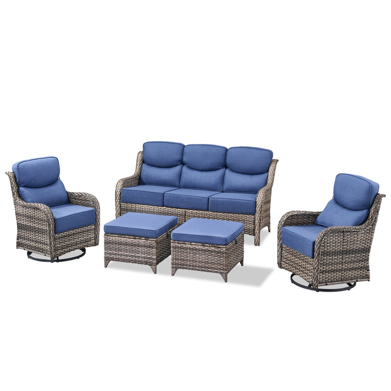 Meriline 5-Piece Wicker/Rattan Sofa Seating Group With 6" Thick Cushions, 5 Pcs: Sofa, 2 Chair, 2 Ottomans, Blue, Gray