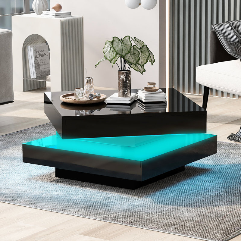 Table basse rotative moderne ultrabrillante Aroa avec éclairage DEL et rangement double couche