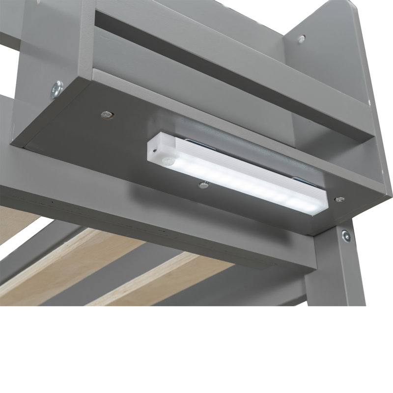 Queen Wooden Bunk Bed With Shelves, USB Charging & LED Light, Gray
