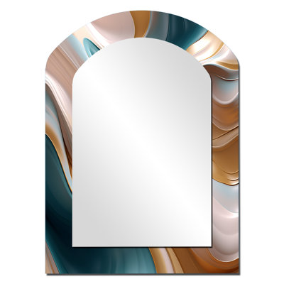 Tender Wave Harmony or liquide et turquoise III - miroir décoratif arqué de formes abstraites, grand miroir mural asymétrique moderne, art imprimé en métal