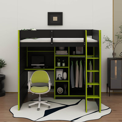 Full Size Wood Loft Bed With Desk,Open Wardrobe,Storage Compartments And RGB Lights