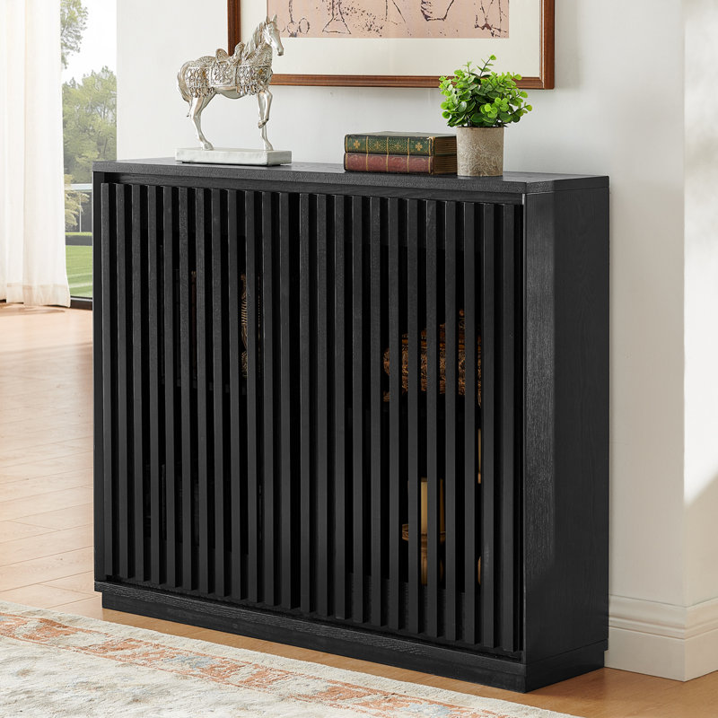 Mid Century Modern Fluted Hollowed Out Sideboard Cabinet With 2 Outlet Holes, Buffet Cabinet With Storage, Black