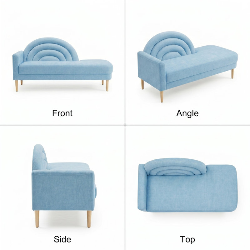 Rainbow-Inspired Linen Upholstered Chaise Lounge with Curved Backrest, Light Blue
