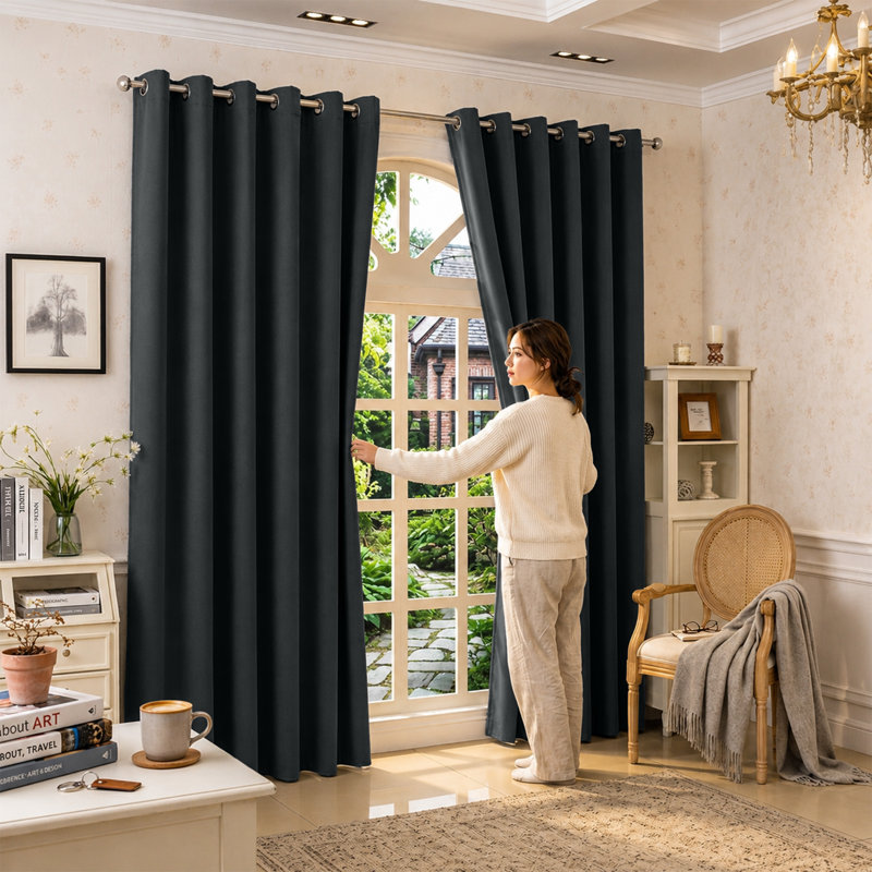 100 % Polyester Blackout Eyelet Room Darkening  Thermal Curtain (Set of 2), Black, 168 cm Width x 183 cm Drop