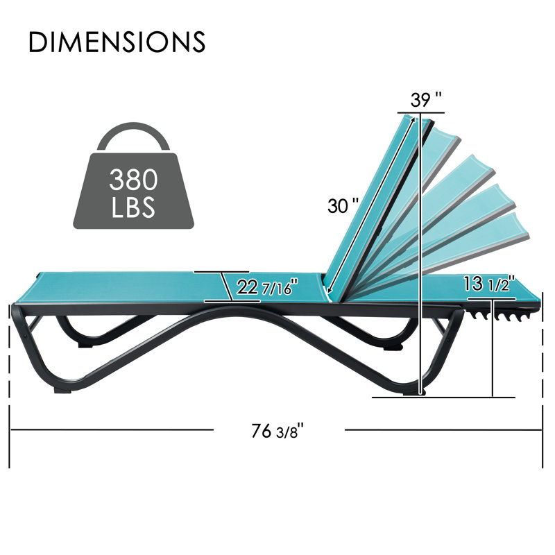 Kozyard Outdoor Chaise Lounge Chair Set of 2, Full Aluminum Frame, Adjustable Reclining Patio Lounger for Poolside, Sunbathing, Backyard Aqua Textilene