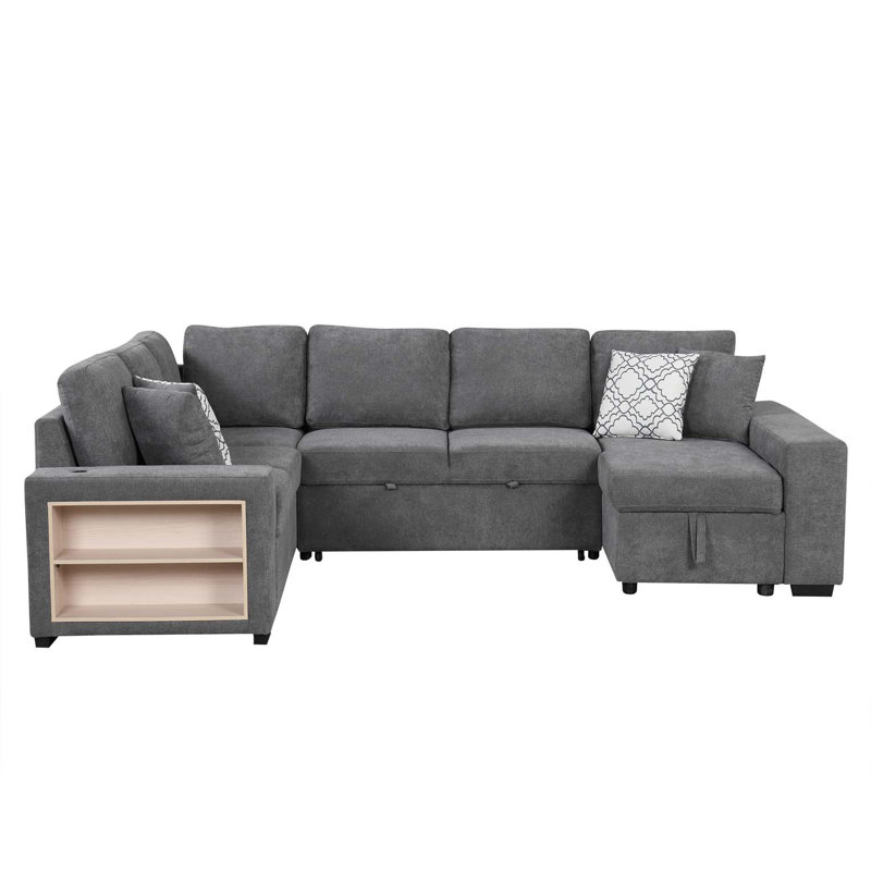 Canapé-lit modulaire en forme de U de 109 po avec deux ports USB, une méridienne de rangement et quatre coussins de dossier pour le salon, gris