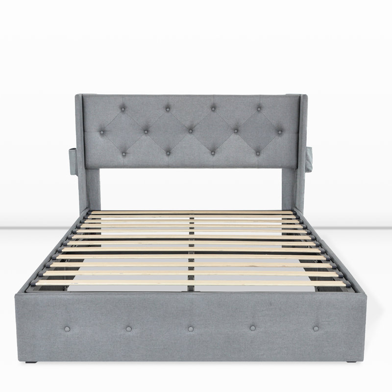 Lit plateforme avec rangement relevable avec tête de lit Winback et station de charge, Gris clair, Full