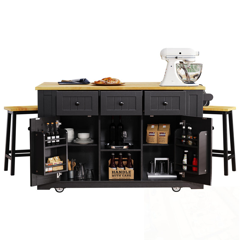 Îlot de cuisine avec 2 tabourets de bar, prise de courant, abattant et 3 tiroirs, Noir