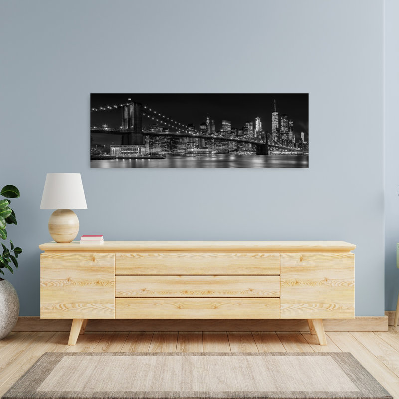 «Illuminated Brooklyn Bridge Skyline Modern Abstract Architecture City», art mural, H 16 po x l 48 po