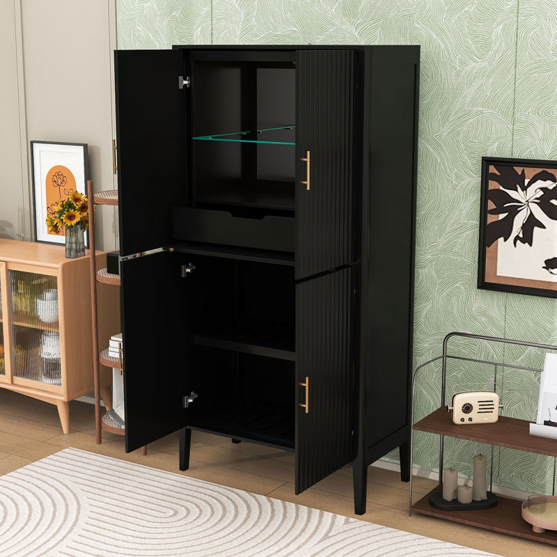 Armoire de cuisine autoportante avec éclairage à DEL, rangement réglable et présentoir en verre, Black