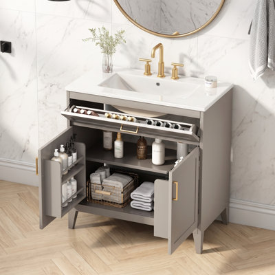 Meuble-lavabo simple 30 po avec comptoir en céramique, pieds en bois massif, portes doubles à fermeture en douceur, beige