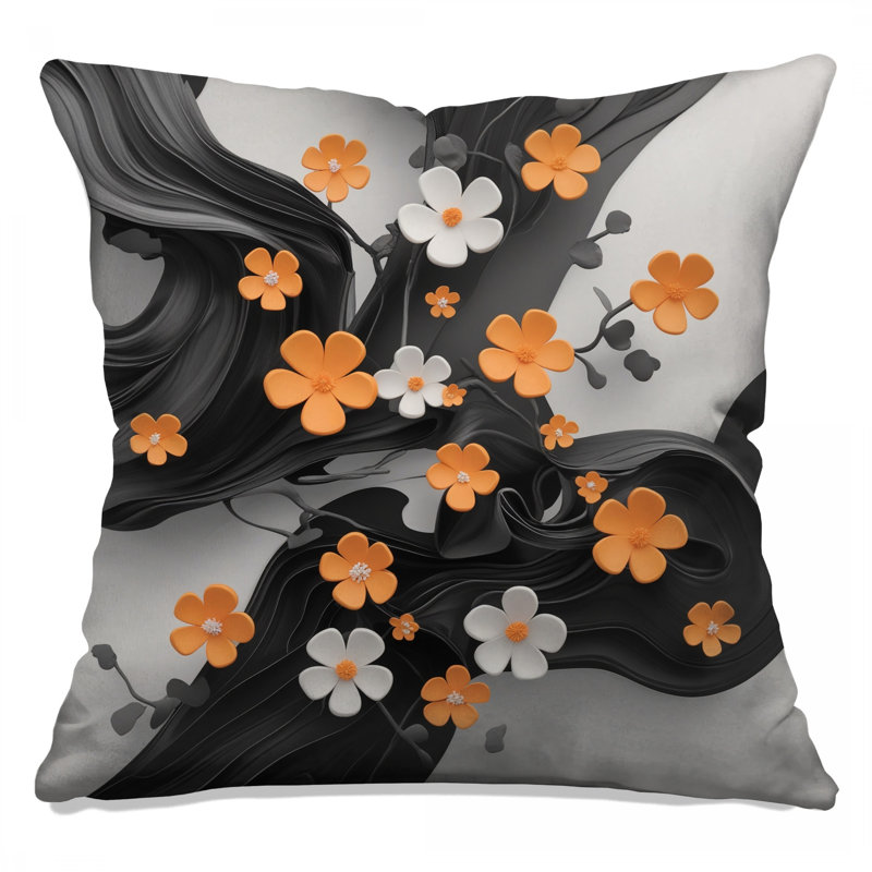 Coussins décoratifs à double face orange et fleurs blanches, 18 x 18 pouces