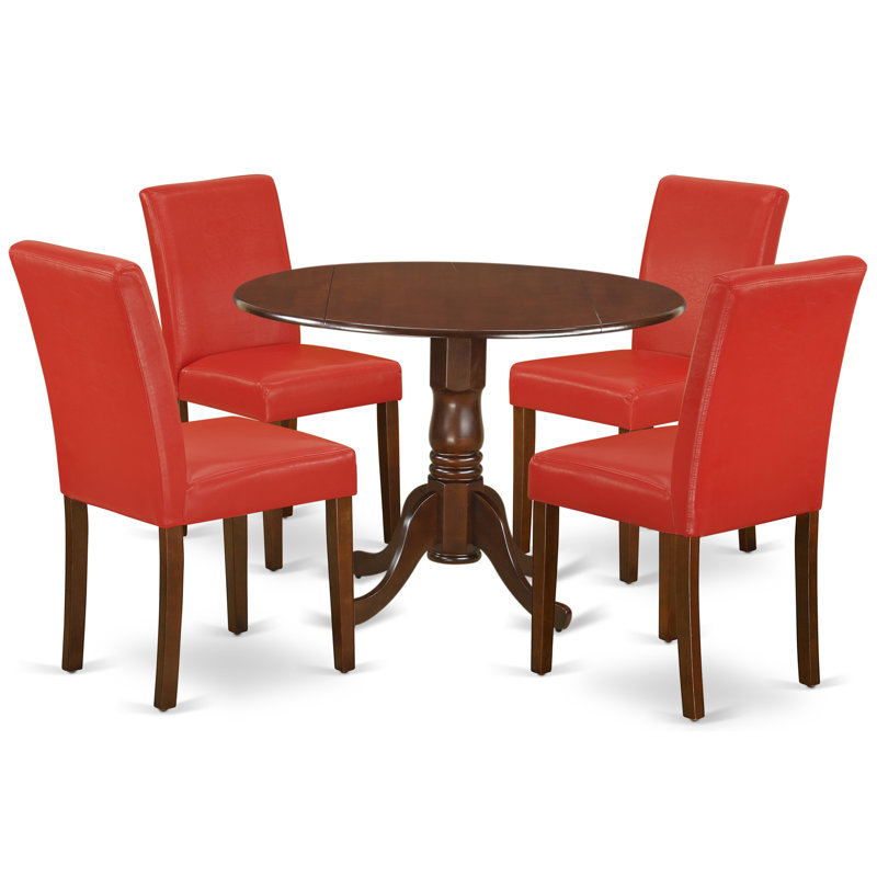 L'ensemble de 5 pièces pour 4 personnes comprend une table de salle à manger ronde avec Dropleaf et 4 chaises de salle à manger Parson en simili cuir rouge Firebrick, 42 x 42 pouces, acajou