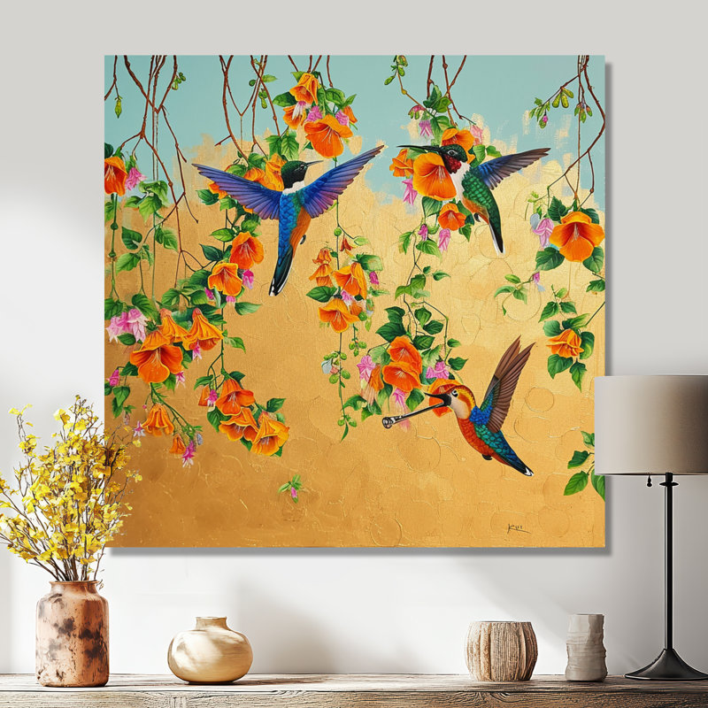 Kolibri oiseaux buvant une fleur de nectar - oiseau, art mural du salon, Toile tendue, H 16 po x l 16 po x P 1 po