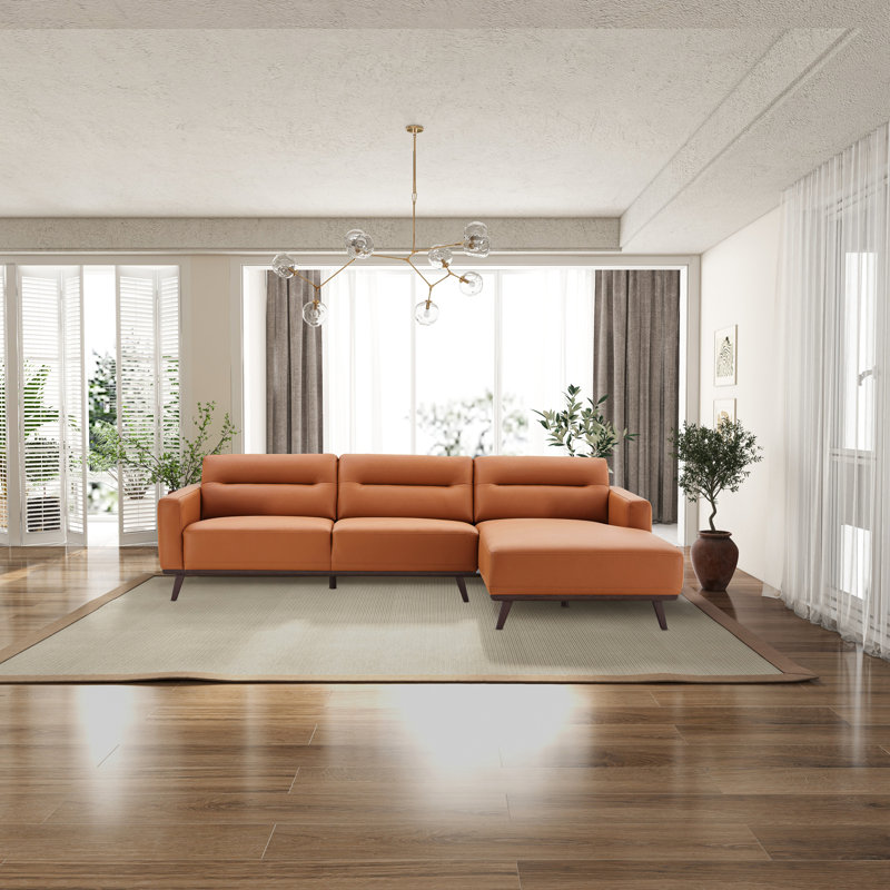 Neithen 109.5" Wide Mid Century Modern L-Shaped Vegan Leather Sofa & Chaise, Right Hand Facing