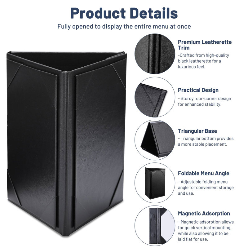 WeChef - Paquet de 10 porte-menu en similicuir de 4 po x 6 po avec support à 3 panneaux triangulaires et porte-affiche en cuir noir