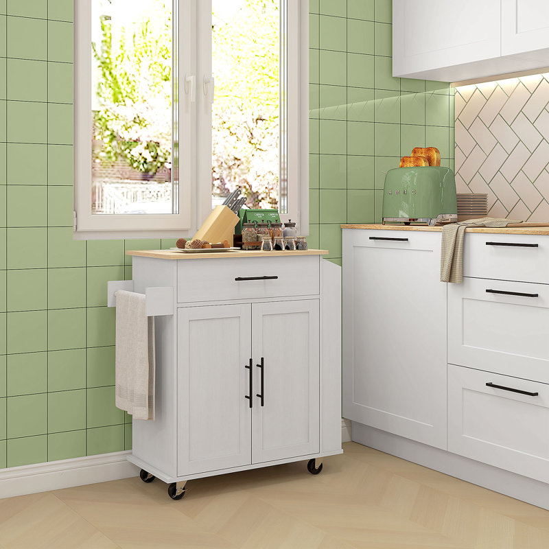 Sicilee Kitchen Cart with Manufactured Wood Top, White