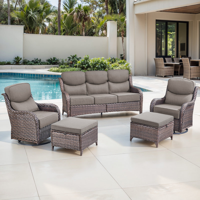  5-Piece Patio Furniture Set With Swivel Glider Chairs, 6-Inch Ultra-Plush Cushions & Water-Resistant Olefin Fabric, Brown