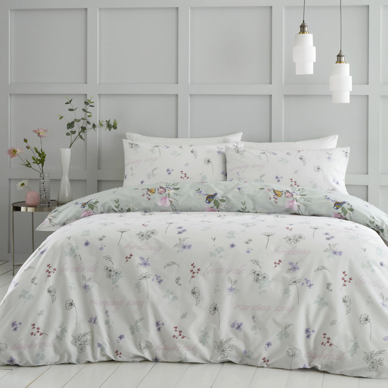 Songbird Floral Reversible Duvet Cover Set with Pillowcases, King Duvet Cover + 2 Standard Pillowcases, Sage