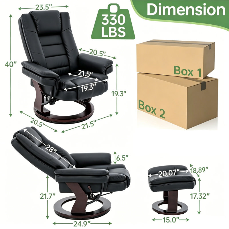 Fauteuil inclinable pivotant avec repose-pieds, fauteuil inclinable réglable en cuir synthétique avec base en bois, coussin rembourré épais