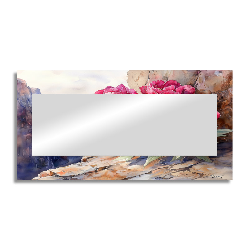 Pivoines par la falaise I - Art mural miroir floral - imprimé sur métal, 28 po x 55 po