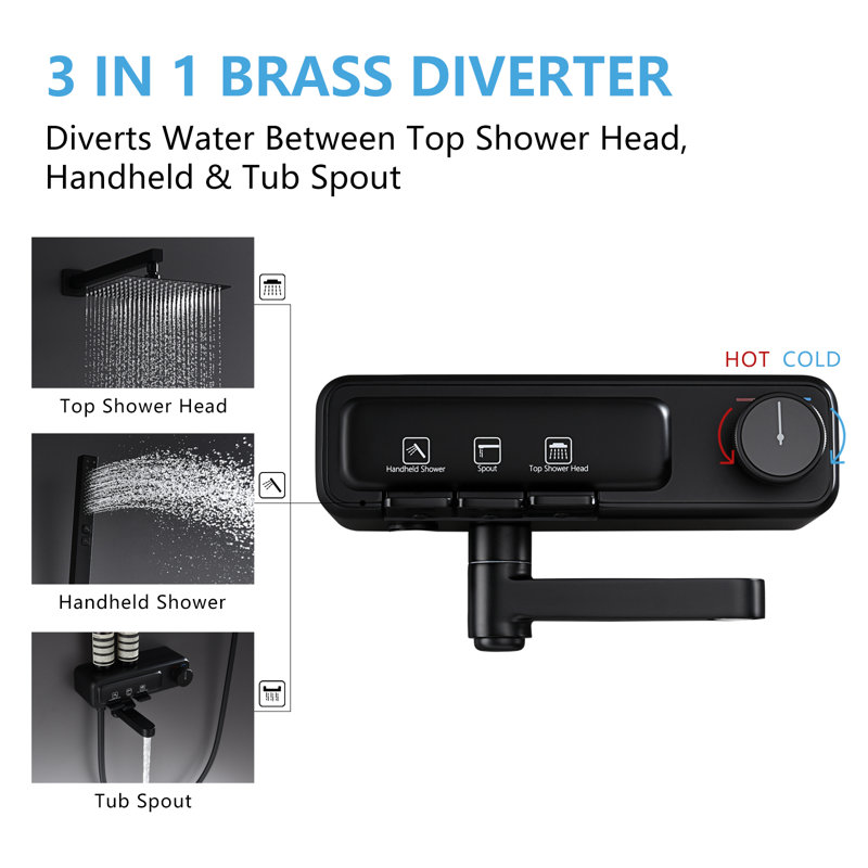 10-Inch High Pressure 3-Setting Rainfall Shower System, Wall Mount Shower Faucet Set with Rotatable Tub Spout & 2-Mode 360° Rotatable Handheld Spray, Matte Black