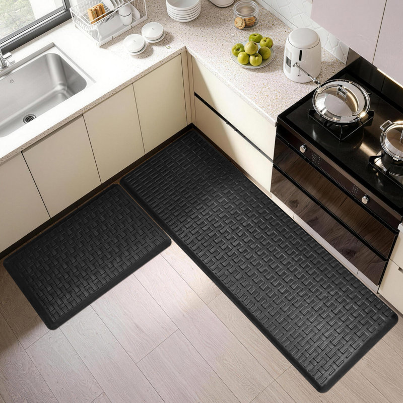 Anti Fatigue Kitchen Mat Set with Non-Slip Waterproof Surface, Black, Rectangle 1'5" x 2'4" + 1'5" x 5'