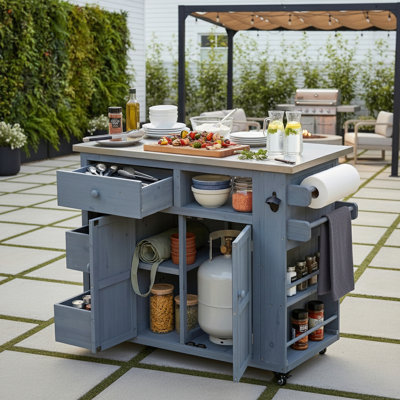 Îlot de cuisine extérieur extensible en acier inoxydable avec support à épices latéral et cabine de rangement