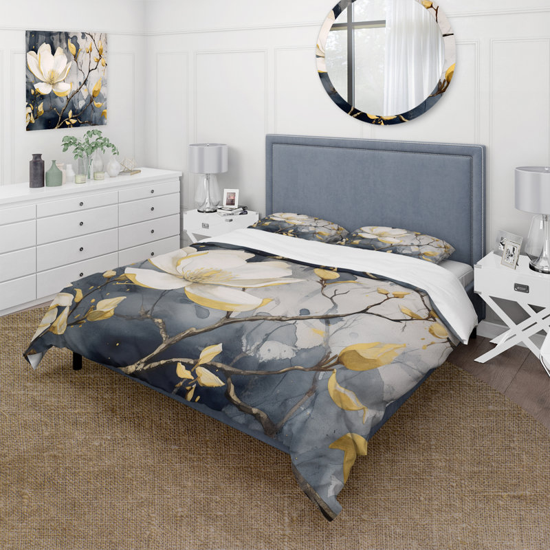 Jaune jaune gris Magnolias Nature Elegance III - ensemble de housse de couette floral - microfibre de polyester