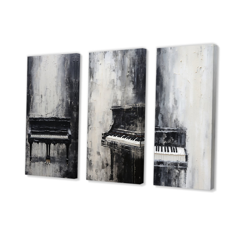 Minimalisme, piano, minuit, noir et blanc - Ensemble de 3 décorations murales piano musical, H 28 po x l 36 po, Toile tendue