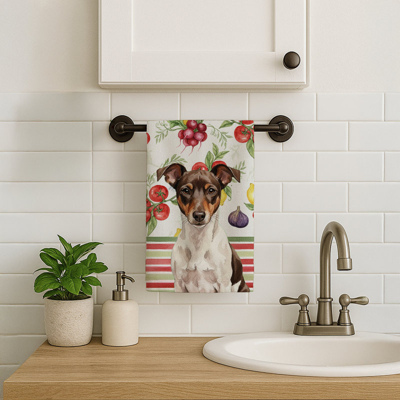 Chocolate and White Rat Terrier Vegetables Kitchen Towel, Chocolate/White Rat Terrier