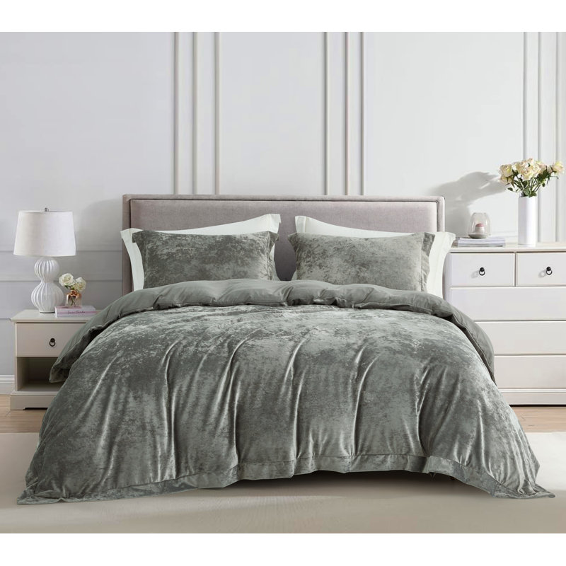 Piers Distressed Velvet Duvet Cover Set, King Duvet Cover + 2 King Shams, Medium Gray