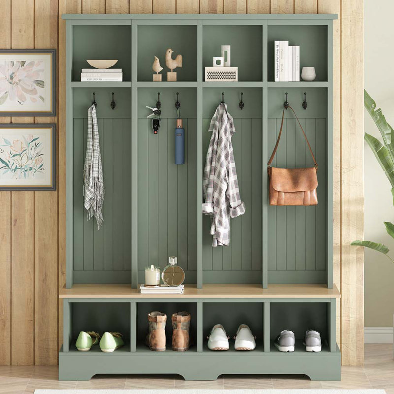 Farmhouse 59"W Wide Hall Tree with 8 Hooks, Green