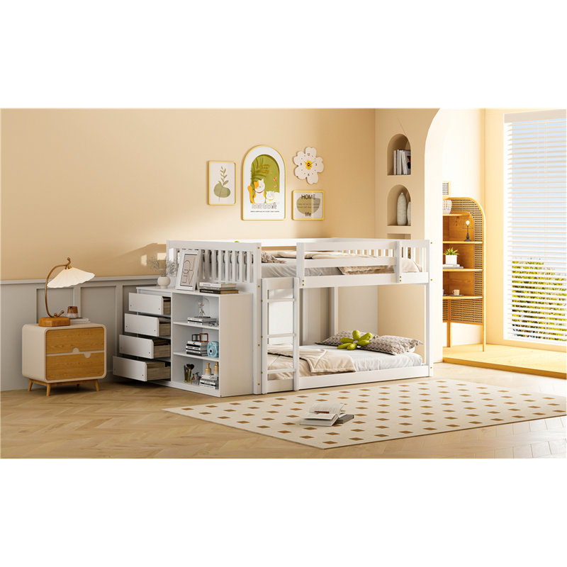 Lit superposé double blanc avec construction solide et rangement fonctionnel en bois de pin blanc, Lit double, Blanc
