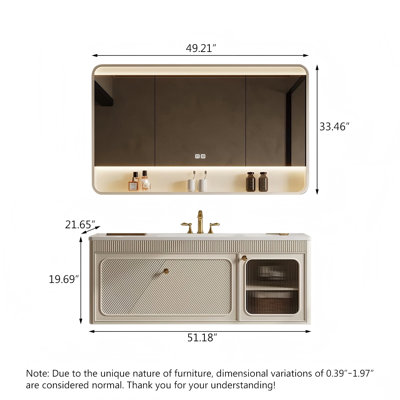 Meuble-lavabo en bois d'hévéa massif avec lavabo intégré en pierre frittée cintrée à chaud, fini blanc crème et armoire à pharmacie intelligente