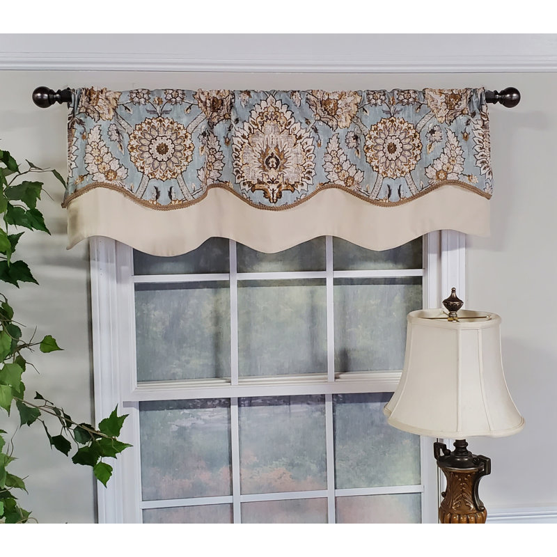 Cotton Blend Damask Scalloped Window Valance, Moonstone Blue