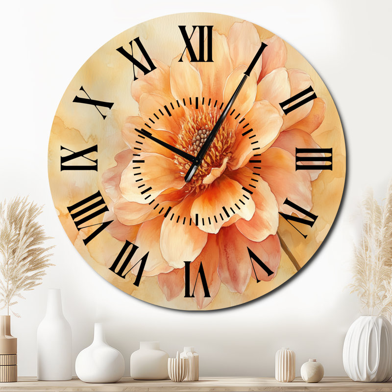 Horloge murale botanique en métal à motif floral dahlia aux tons naturels, Surdimensionné