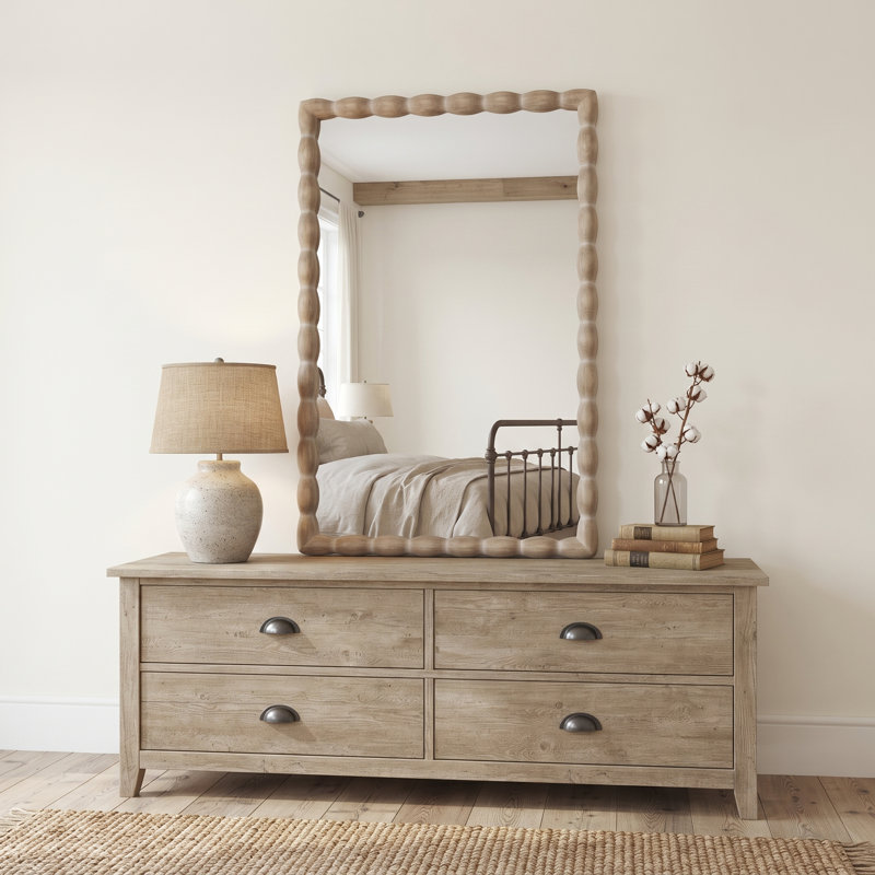 Miroir mural rectangulaire en bois massif 36 "x 24" avec cadre sculpté perlé, 36 po x 24 po, Weathered Natural, Rectangulaire