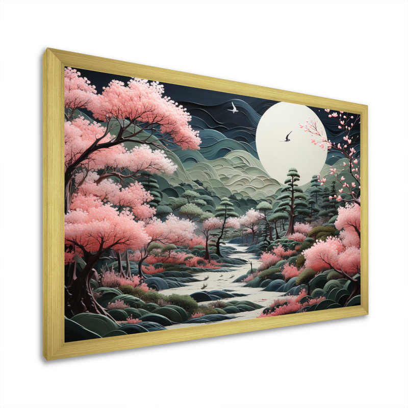 Art asiatique zen jardin - impression, H 16 po x l 32 po x P 1 po, Encadrement doré
