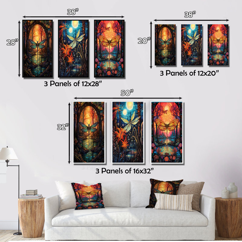 «Majestic Dragonfly In Enchanted Forest II», 3 pièces sur toile, H 20 po x l 36 po, Encadrement doré