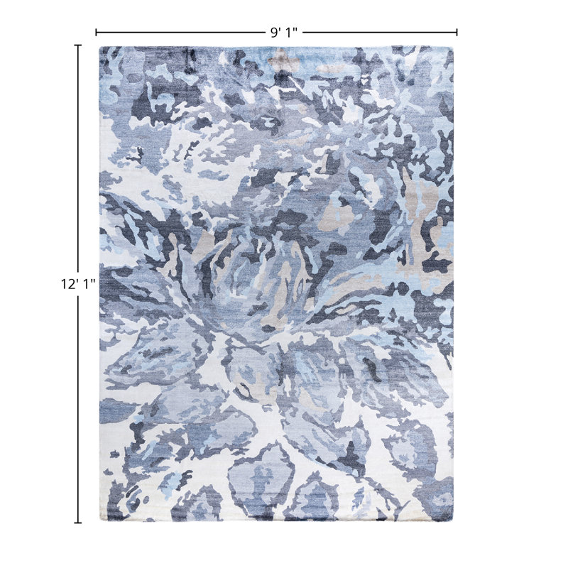 Tapis moderne noué à la main de conception unique - bleu, 9 pi 1 po x 12 pi 1 po Modern