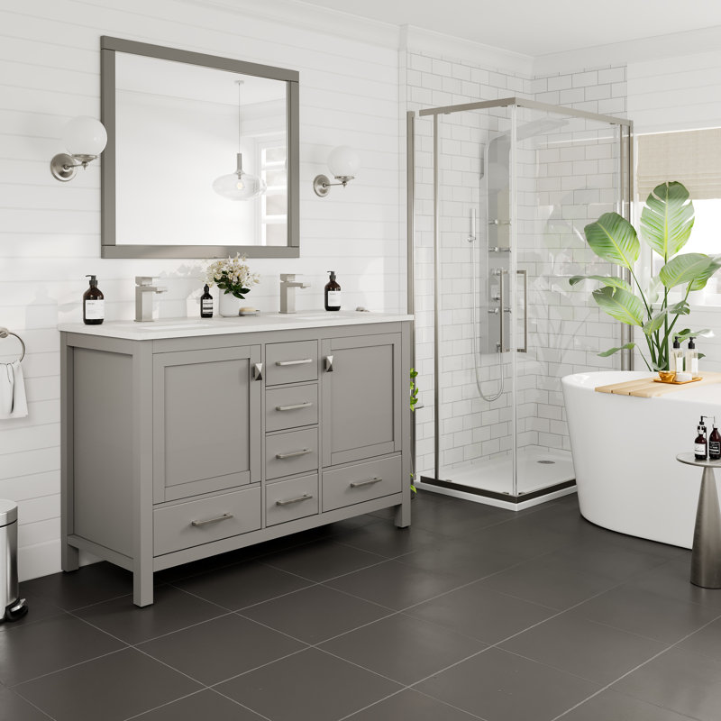 Eviva London 48"W X 18"D Double Sink Bathroom Vanity With White Carrara Quartz Countertop And Undermount Porcelain Sinks