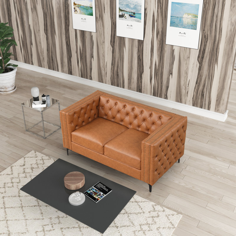 Yukino 3 - Piece Faux Leather Living Room Set, Saddle Brown Faux Leather, Black