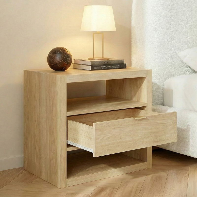 Hanzel Modern Minimalist Nightstand With Textured Finish & Open Storage Shelf(Set Of 2), Natural