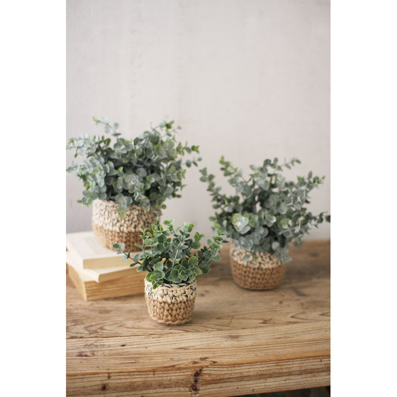  Artificial Eucalyptus Plants in Woven Pots – Decorative Faux Greenery, Set of Three