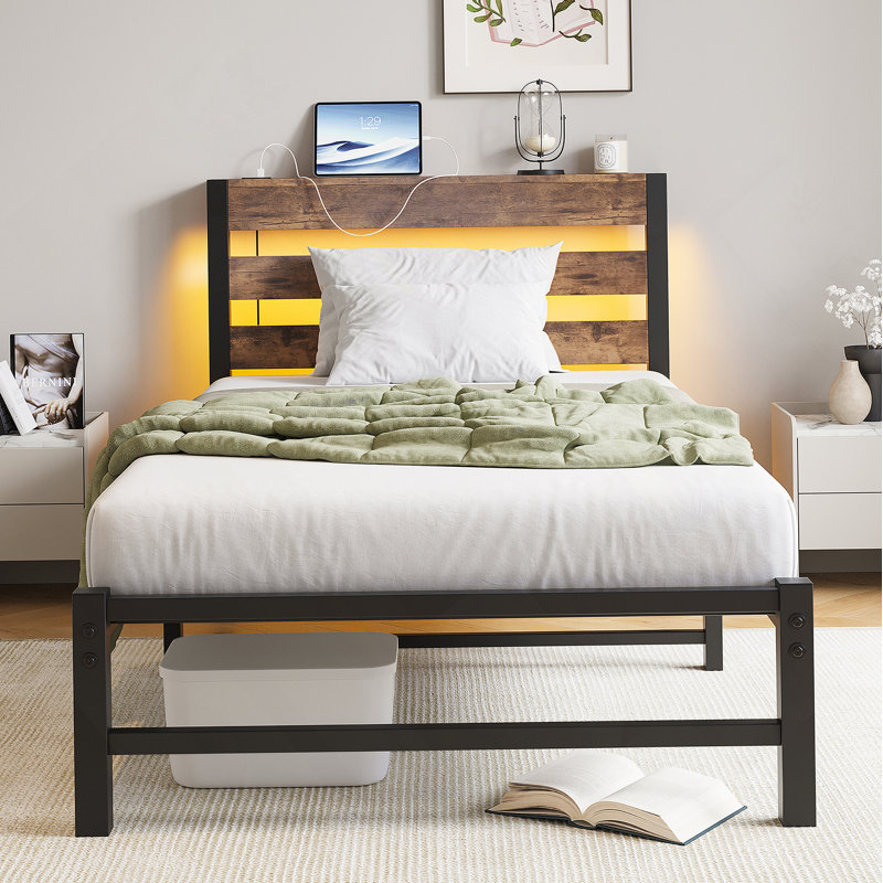 Twin Size Metal Platform Bed Frame with Headboard, USB Ports, RGB LED Lights, Storage, No Box Spring Needed, Brown, Twin