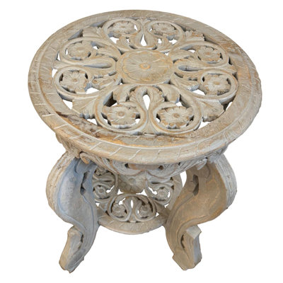 Round End Table with Hand-Carved Jaali Design Solid Wood Brown 18