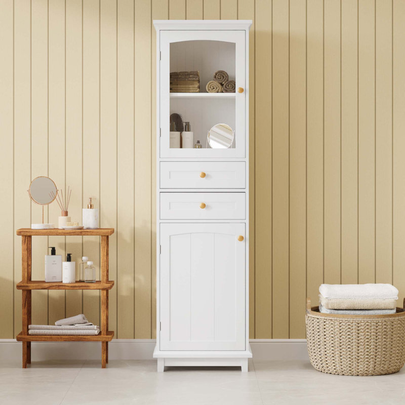 63" Tall Bathroom Storage Cabinet With Glass Doors, White